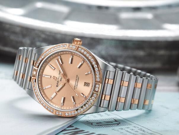 New Breitling fake watches demonstrate the showy effect with diamonds and red gold.